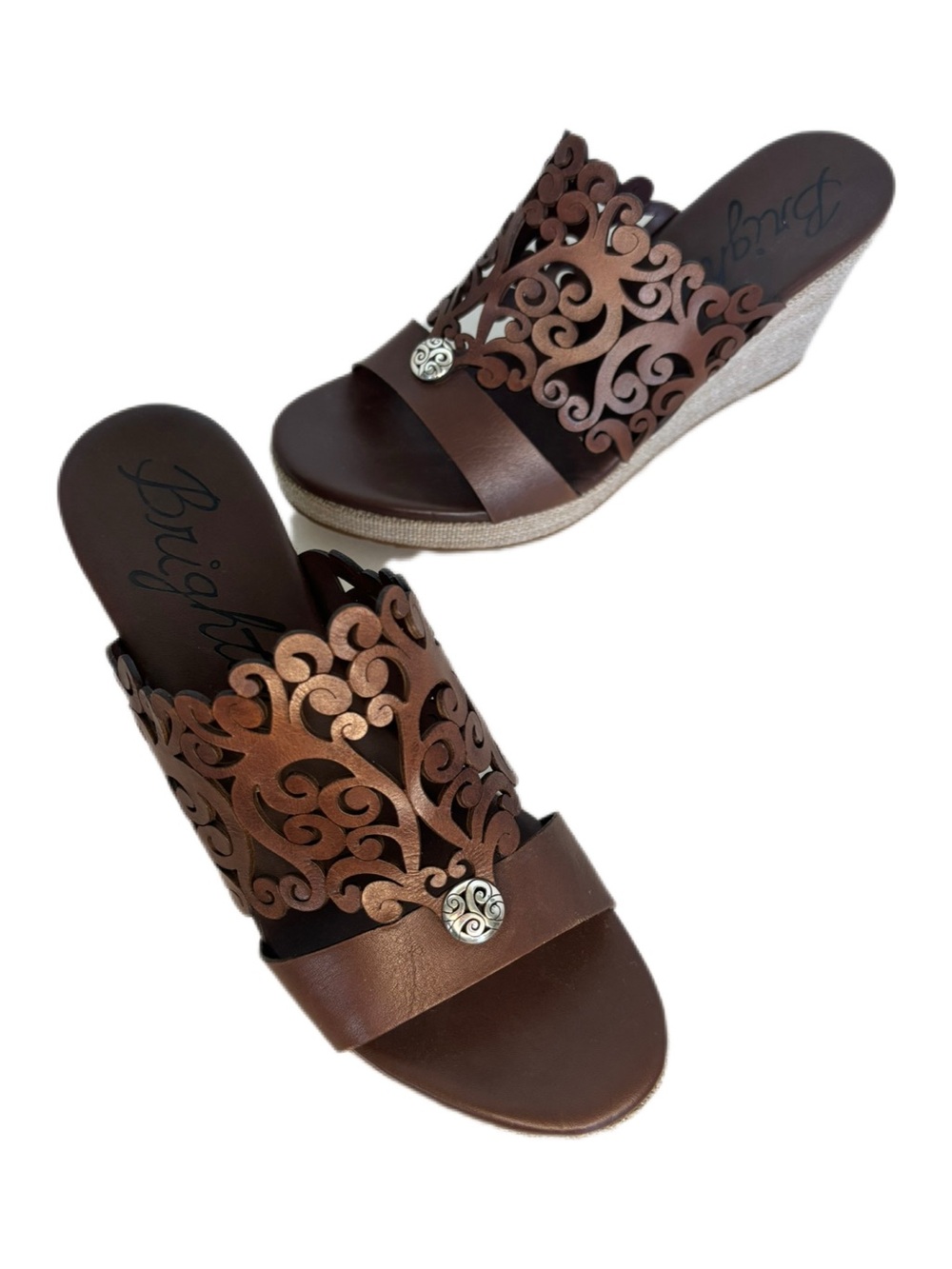 Brighton Daria Brown Leather Laser Cut Espadrille Platform Wedge Sandals